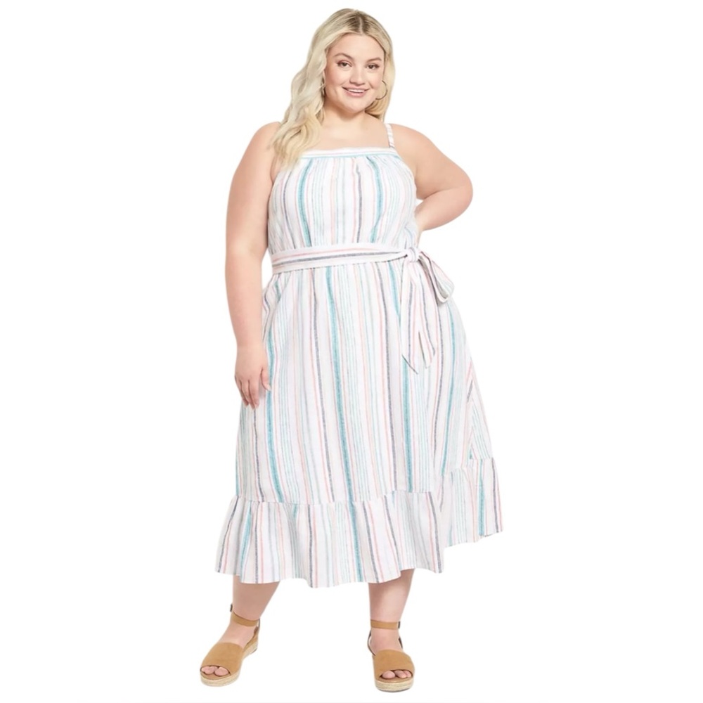 Lane Bryant Square-Neck Belted Tiered Dress in Neutral Size 12